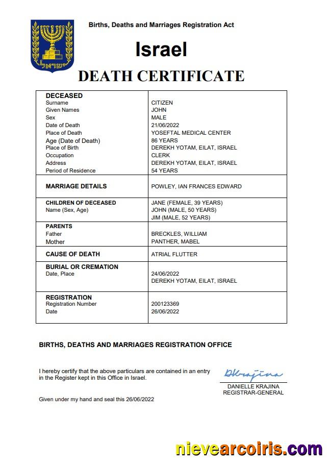 Israel death certificate